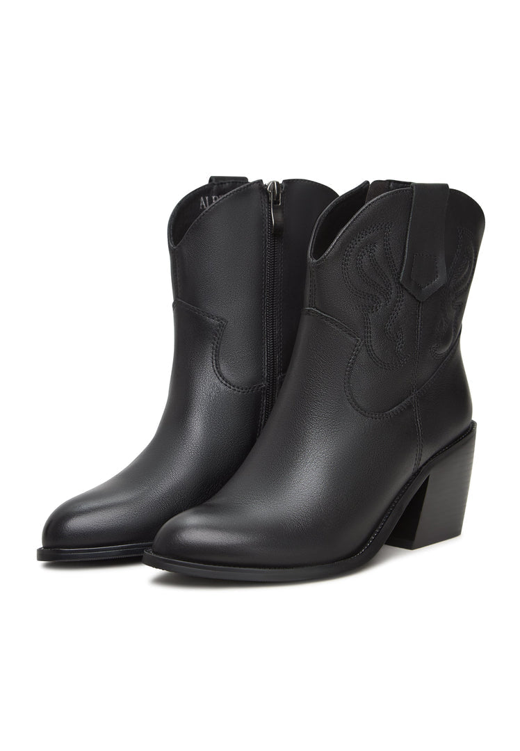 A stylish pair of brown suede ankle boots and black ankle boots, perfect for a trendy and fashionable look.