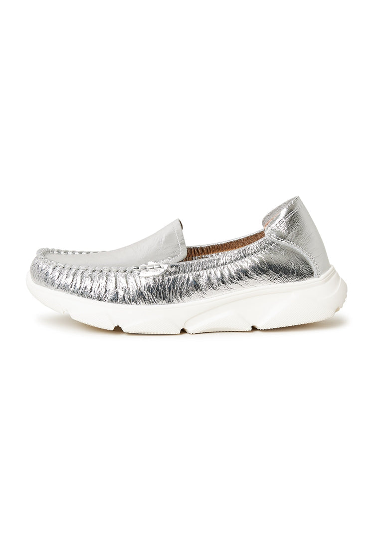 A stylish pair of Alisa silver leather platform moccasins, perfect for any fashion-forward look.