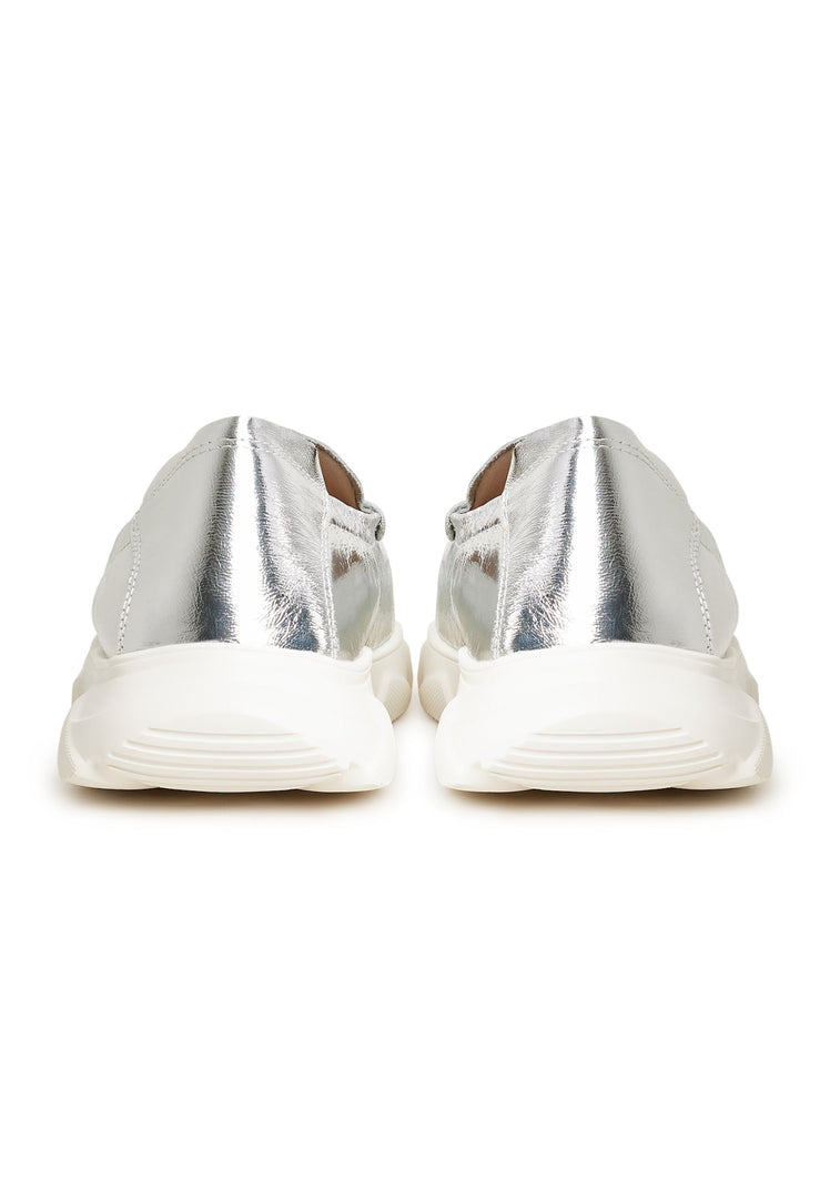 Silver leather platform moccasins featuring the Alisa silver shoes design, perfect for adding a touch of glamour with a platform style.