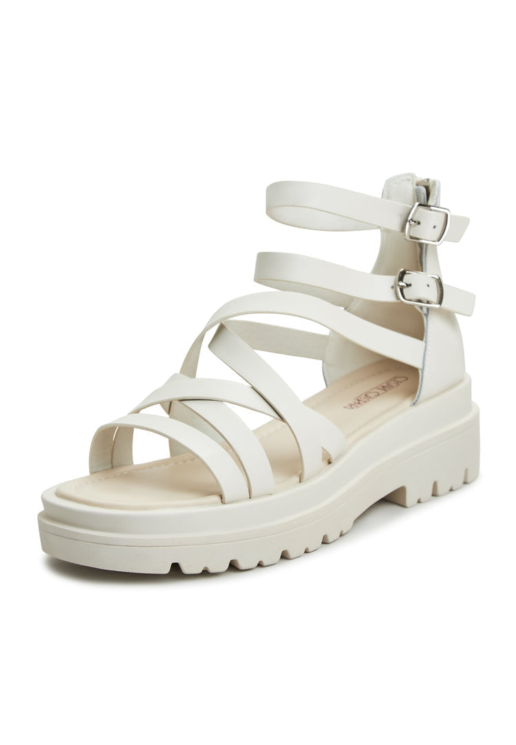 A stylish pair of white Tatiana platform sandals with wedge heels and strappy details for women.