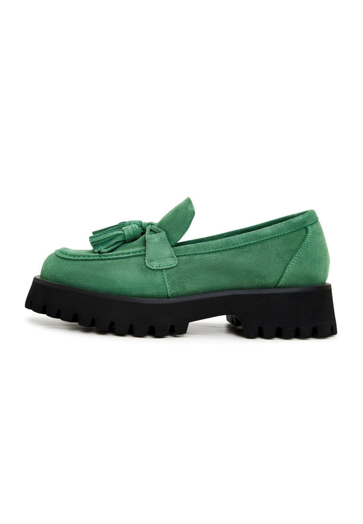 A close-up image of Ksenia women's green platform loafers, stylish and comfortable footwear for women.