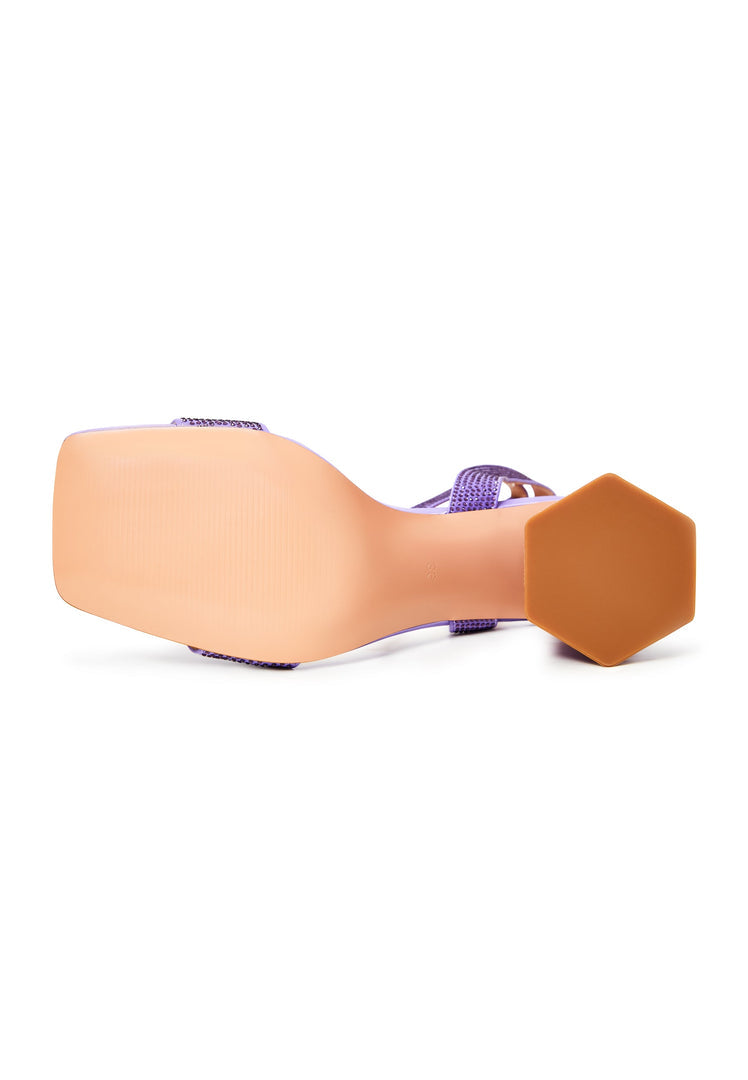A pair of elegant lilac strappy block heel sandals adorned with rhinestones, perfect for women's evening wear.