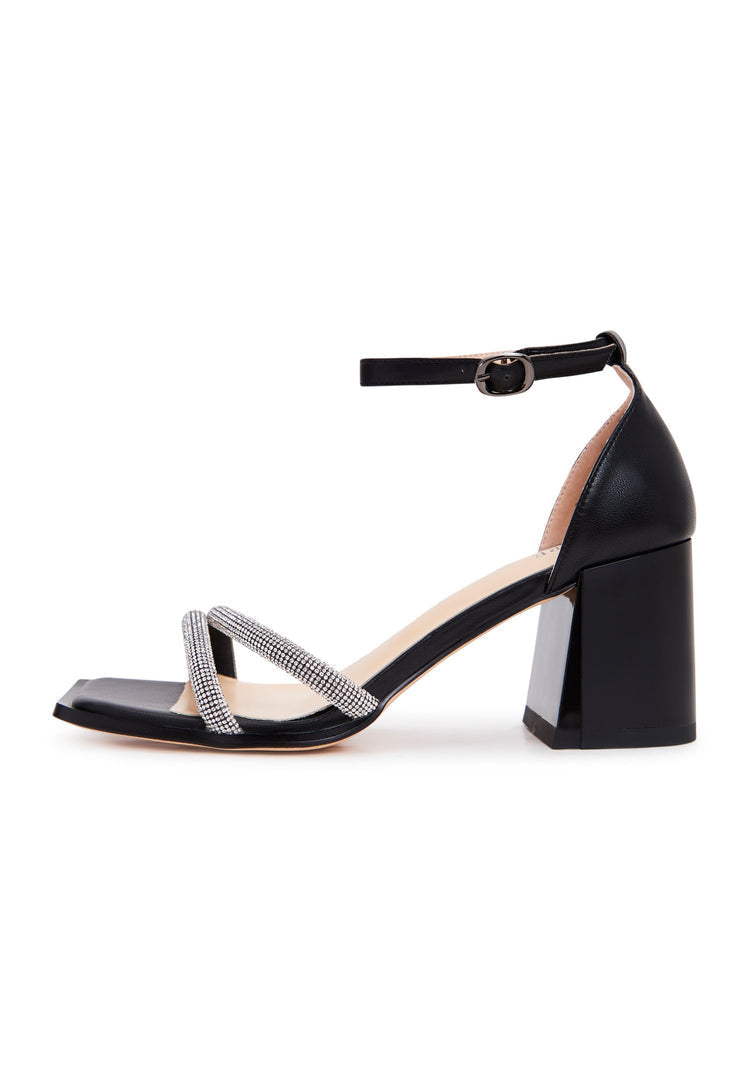 A stylish pair of black leather block heel sandals, perfect for summer with their open toe design and chic block heel.