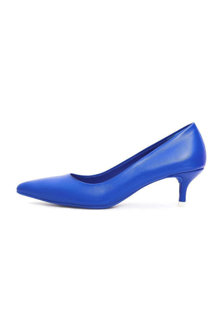 A pair of elegant blue designer pumps, perfect for upscale occasions and high-end fashion.