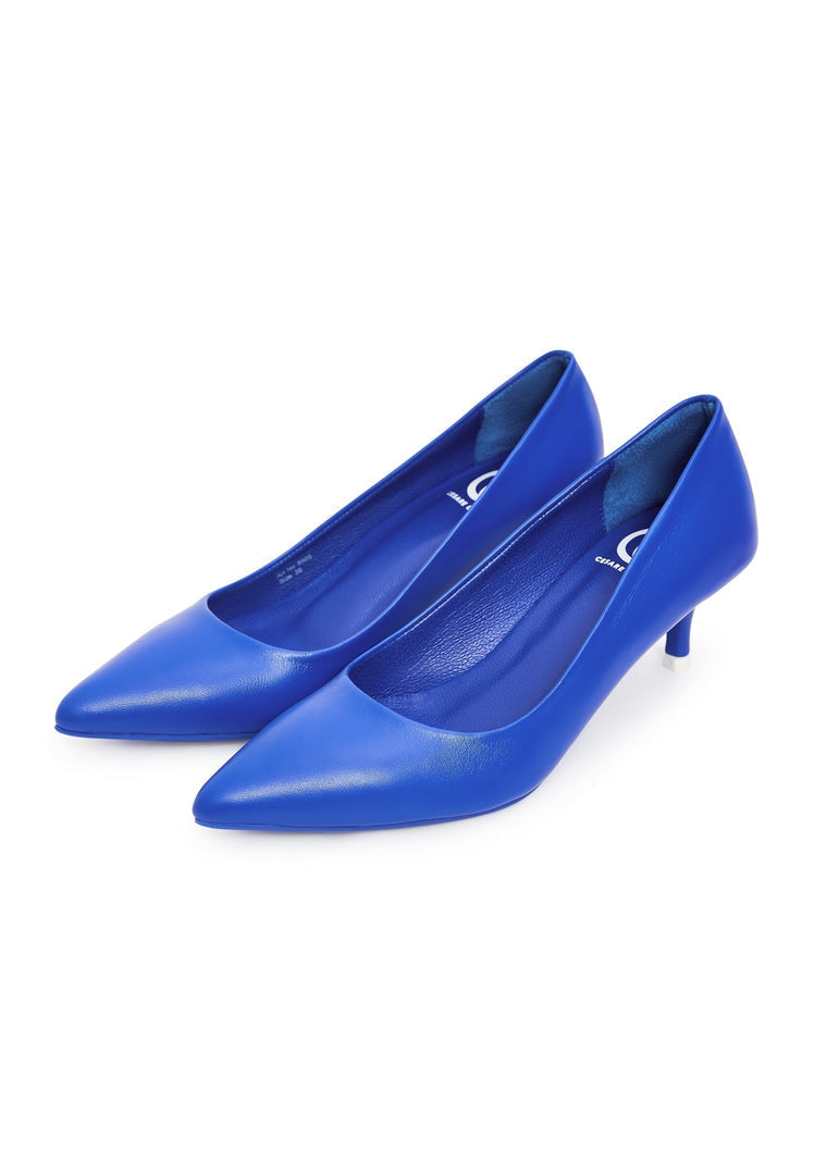 A stylish pair of designer blue heels, reflecting high-end footwear with an elegant and luxe appeal.