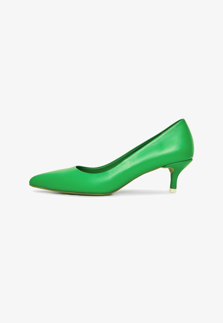 A pair of designer luxury green pumps, elegant heels perfect for high-end footwear.