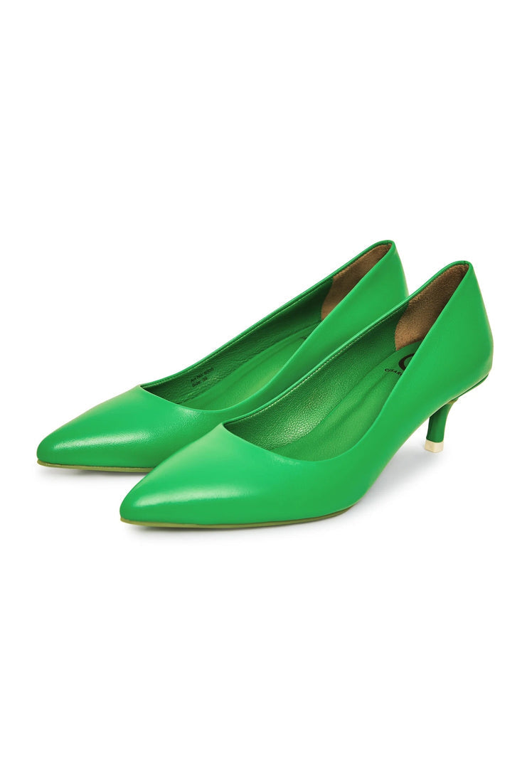 A stylish pair of luxurious green pumps, perfect for any elegant outfit, designed by a high-end footwear designer.
