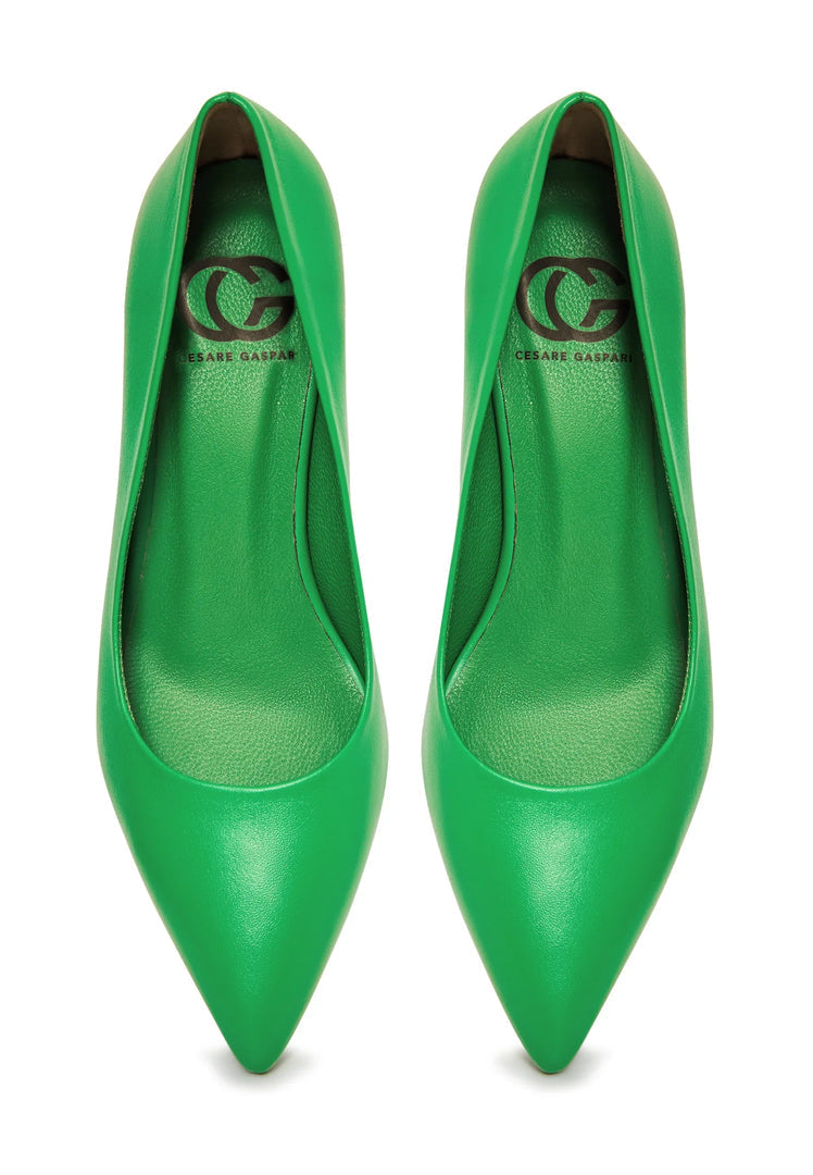 A pair of luxury green pumps - elegant heels for high-end footwear fashionistas.
