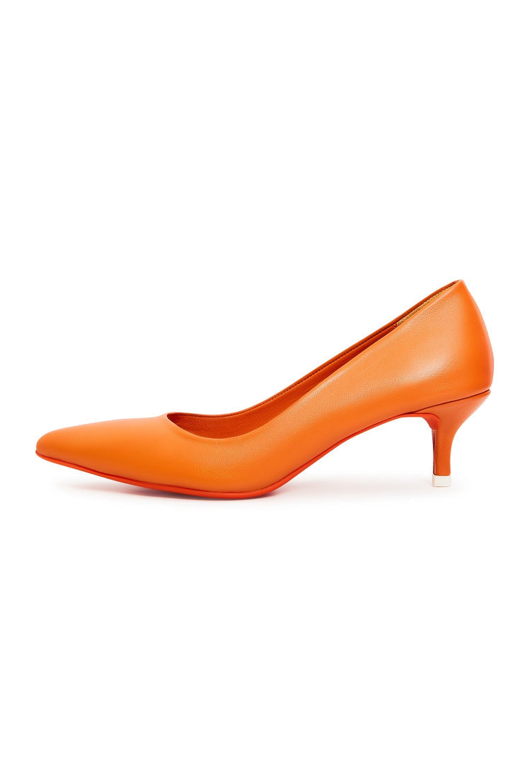 A pair of elegant orange designer pumps, high-end footwear showcasing luxury heels.