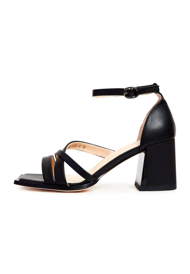 A stylish pair of black open-toe leather block heel sandals for women's footwear fashion.