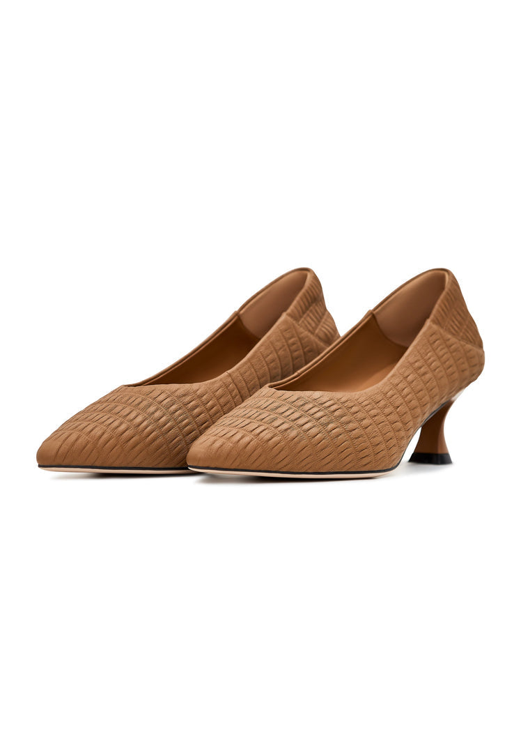 A pair of brown stiletto heels pumps named Carol, perfect women's shoes for a sophisticated style.