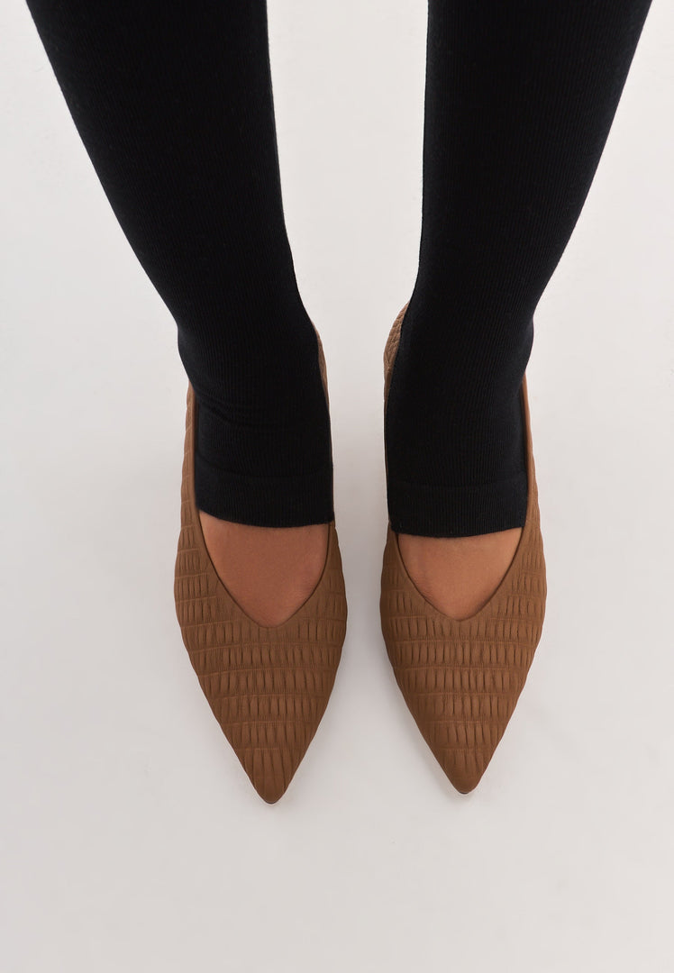 A pair of elegant brown stiletto pumps named Carol, stylish women's shoes.