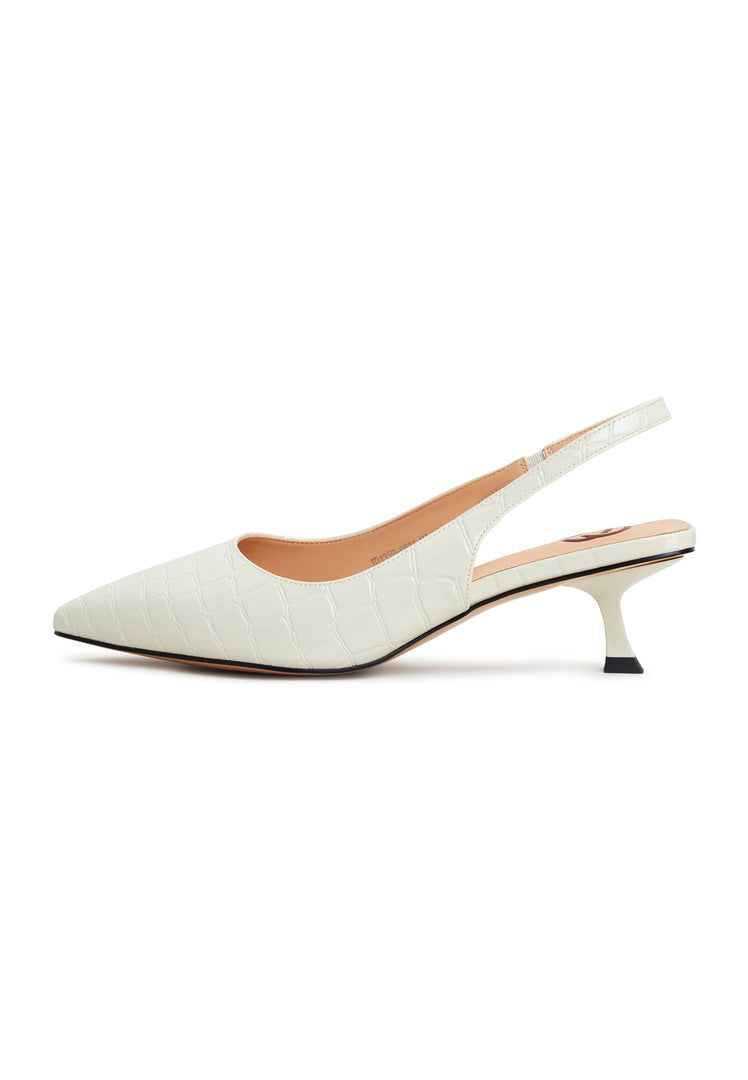 A stylish pair of off-white stiletto heels, perfect for any fashion-forward woman looking for a chic addition to her footwear collection.