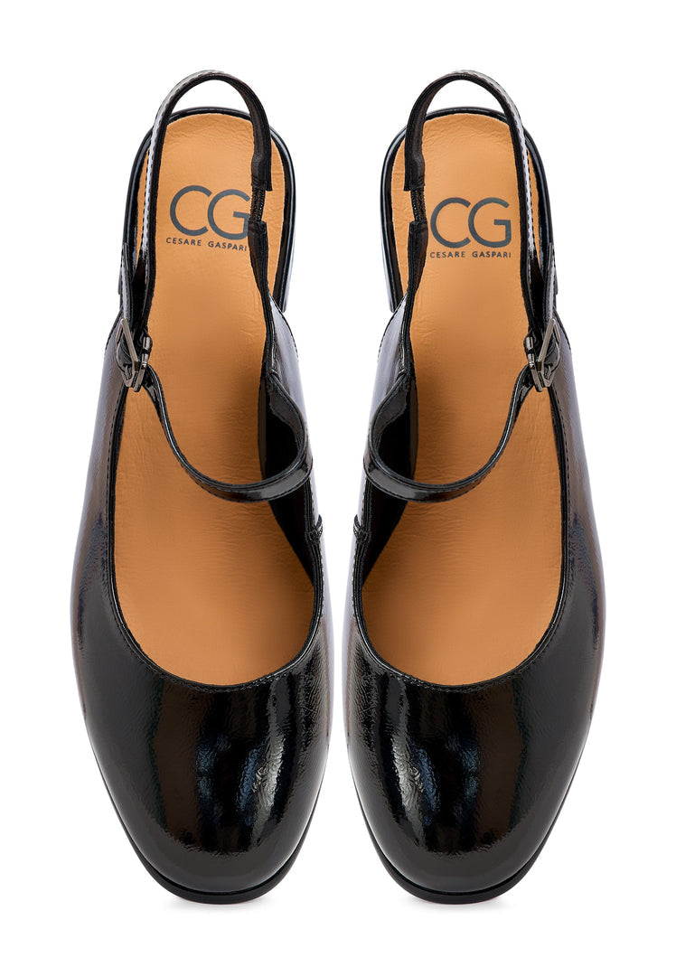 A stylish pair of designer black slingback pumps by Nina shoes for women.
