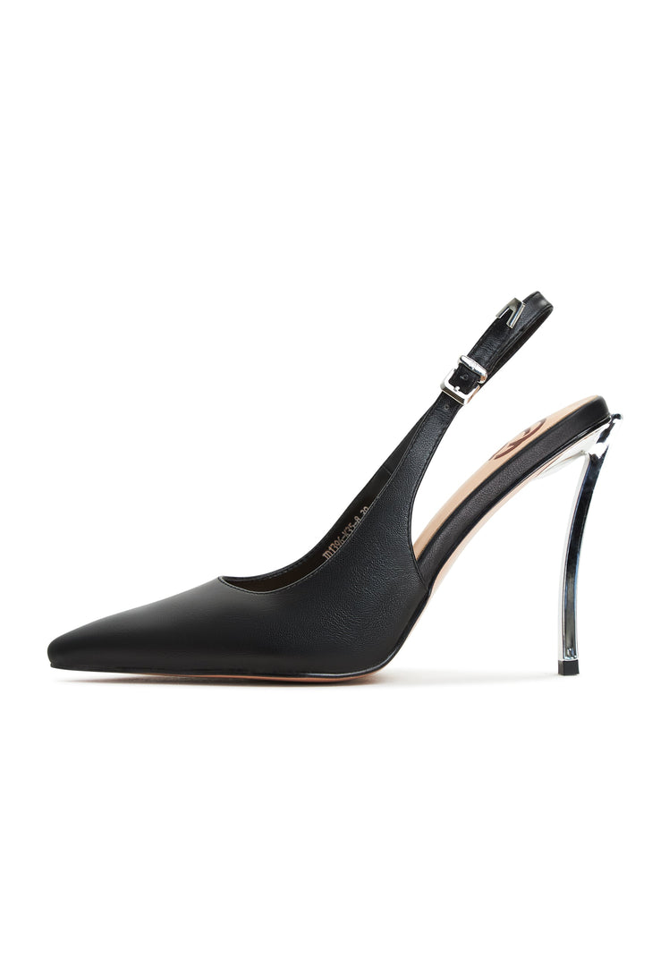 A pair of sleek metallic stiletto pumps with black heels, the perfect combination of style and sophistication for any occasion.