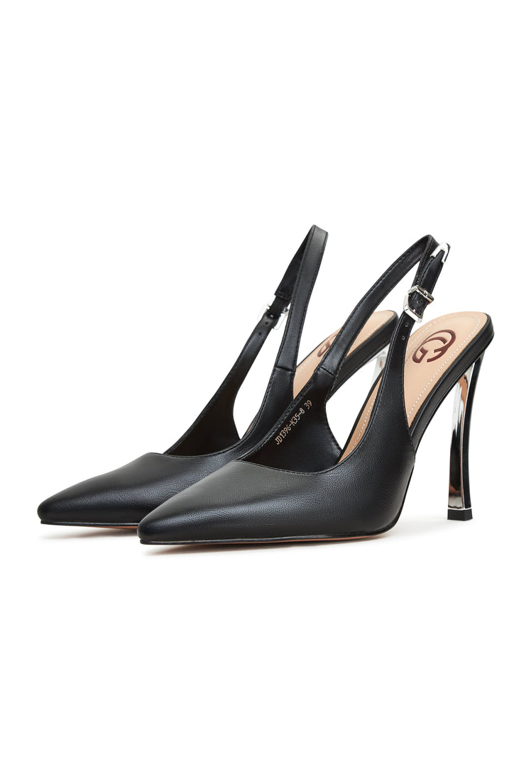 A stylish pair of metallic black stiletto pumps, perfect for adding glamour and sophistication to any outfit.