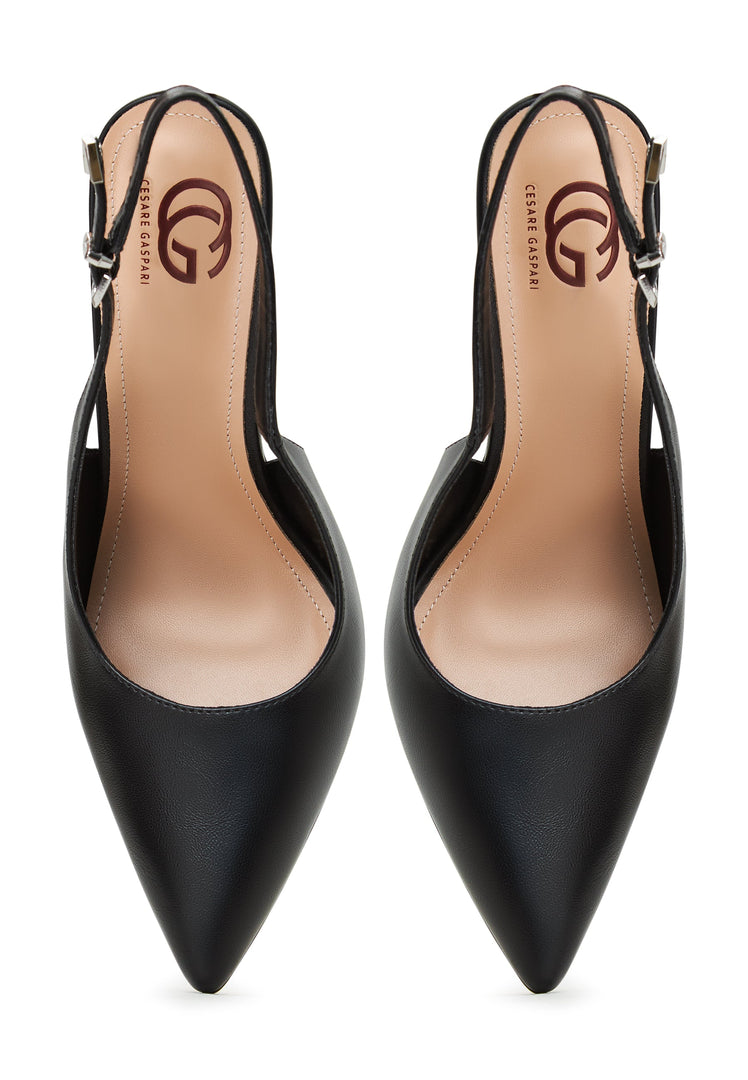 A stylish pair of black metallic stiletto pumps, the perfect statement heels for any chic outfit.