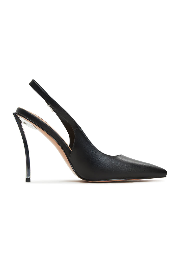 A pair of elegant metallic stiletto pumps with black heels, perfect for any chic outfit.