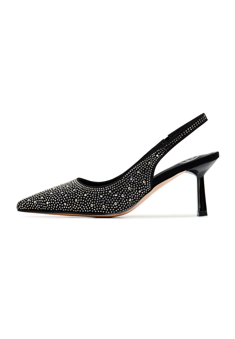 A stylish pair of black women's suede high heeled pumps, known as Samantha pumps, perfect for adding a touch of elegance to any outfit.