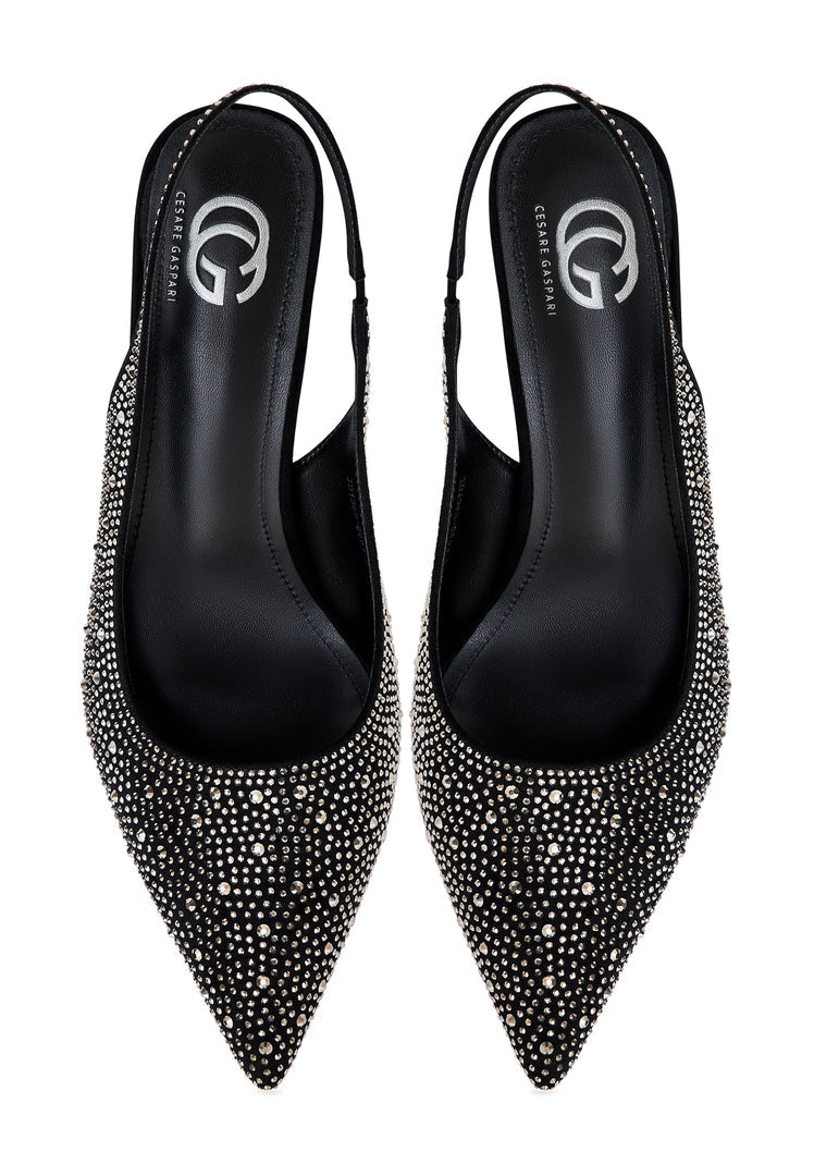 A stylish pair of black suede high heeled pumps, also known as Samantha pumps, perfect for any woman's wardrobe.