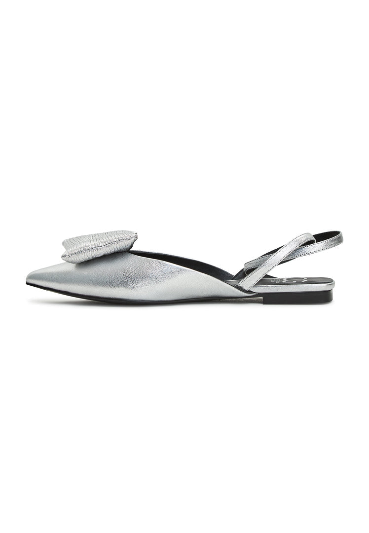 A close-up of silver flat sole slingback ballerina shoes by Gabriela, perfect for women looking for stylish and comfortable footwear.