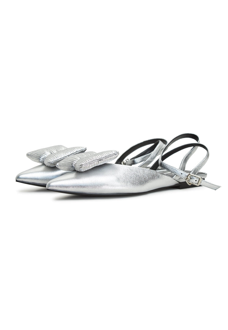 A stylish pair of silver flat sole slingback ballerinas by Gabriela shoes for women.