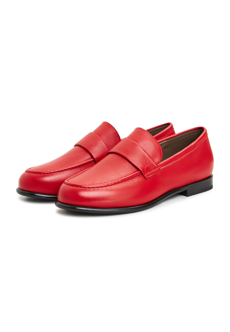 A stylish pair of red leather Abigail loafers with block heels.