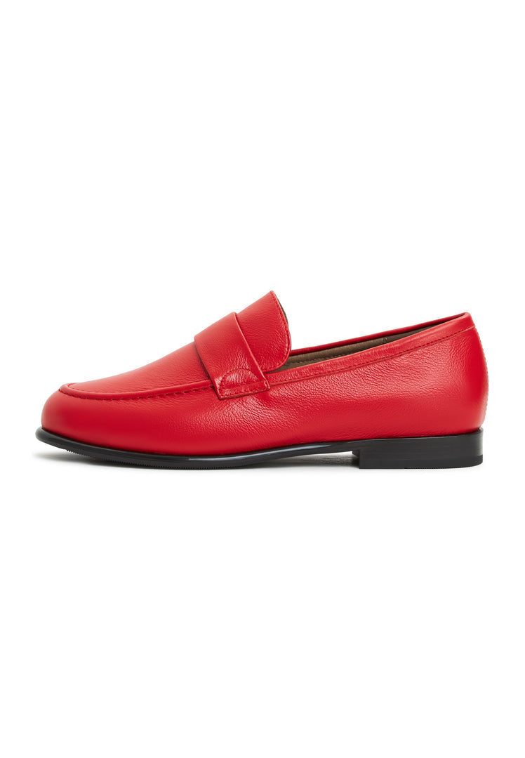 A stylish pair of red leather Abigail loafers with block heels.