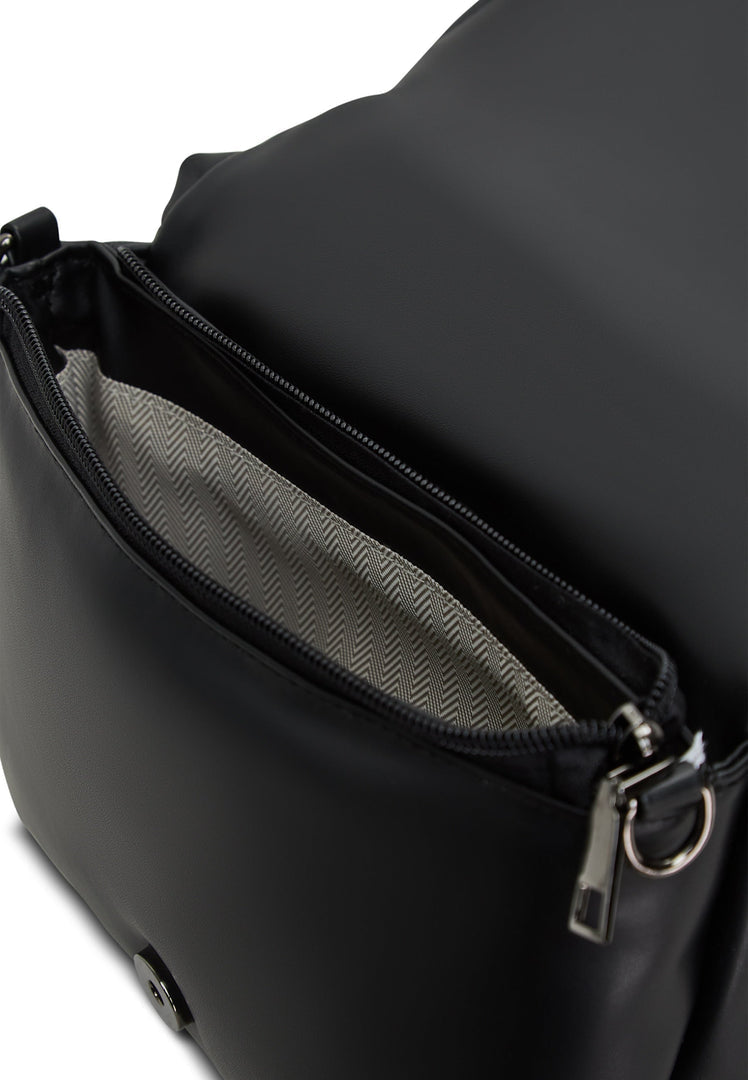 A stylish black quilted clutch bag with a sleek design, perfect for any outfit.