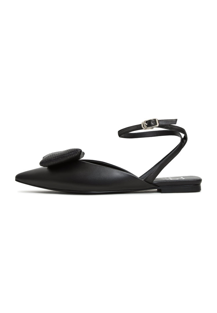 A stylish and comfortable pair of Gabriela black slingback ballerina shoes with a flat sole for women.