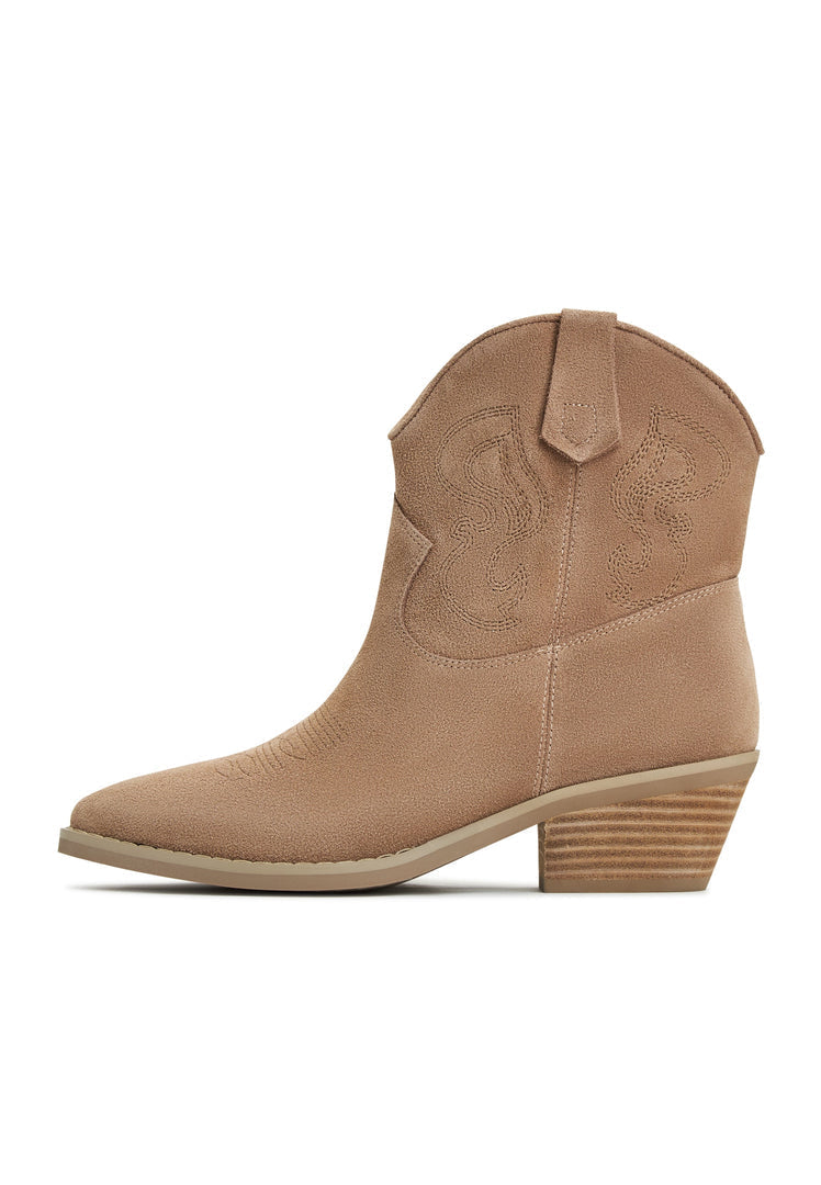 A close-up image of Natalie brown suede cowboy boots, a stylish and trendy choice for any cowgirl's wardrobe.