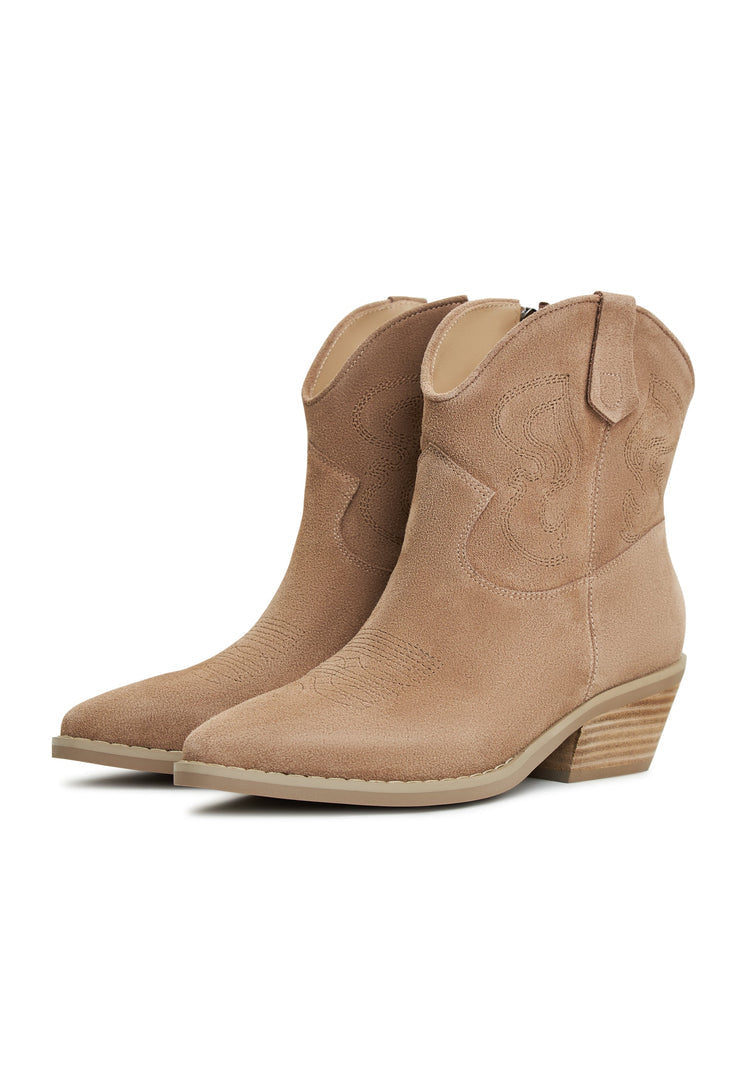 A pair of stylish Natalie brown suede cowboy boots, perfect for those looking to add a touch of western style to their cowgirl fashion footwear collection.