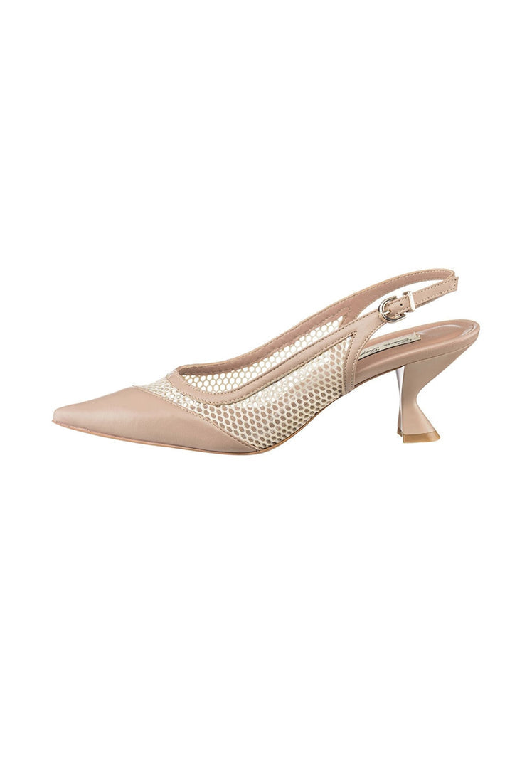 Stylish beige mesh slingback kitten heel sandals with a pointed toe for fashionable women.