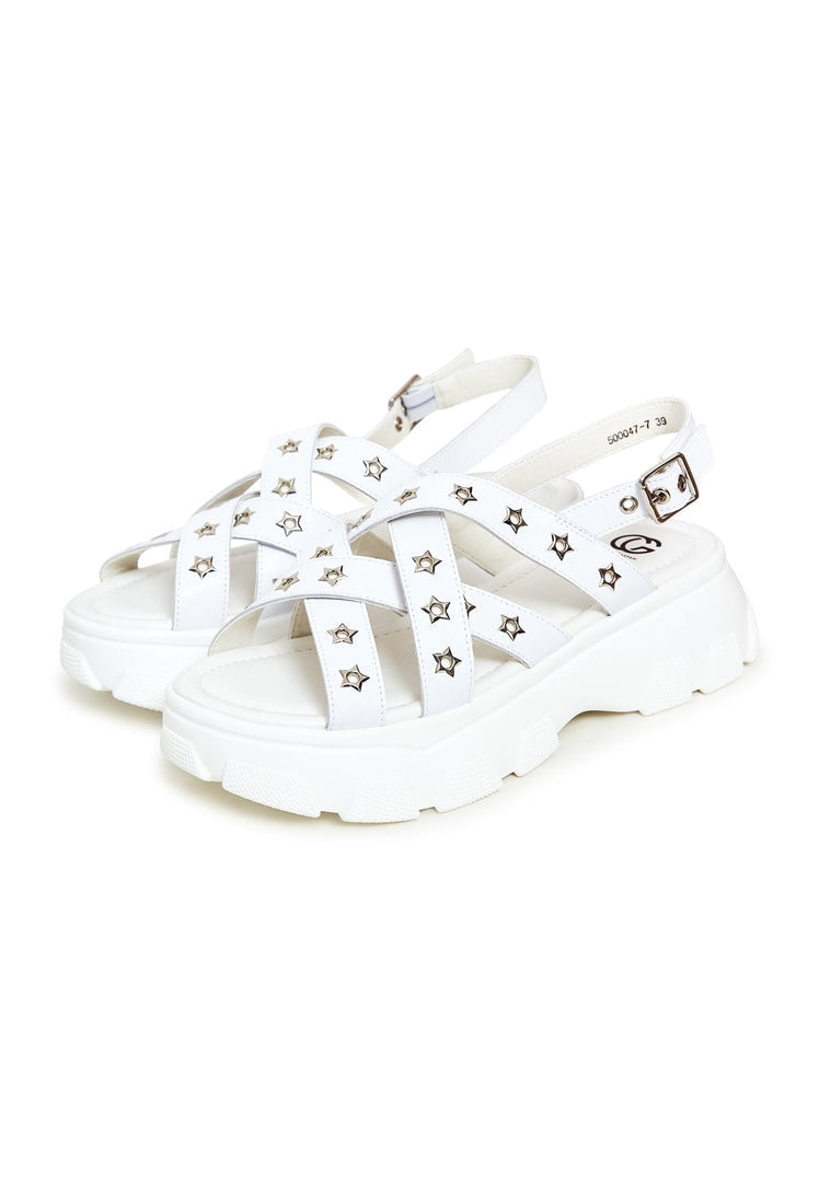 A close-up image of chunky white platform sandals with a stylish and trendy design, perfect for women looking for chunky heel sandals.