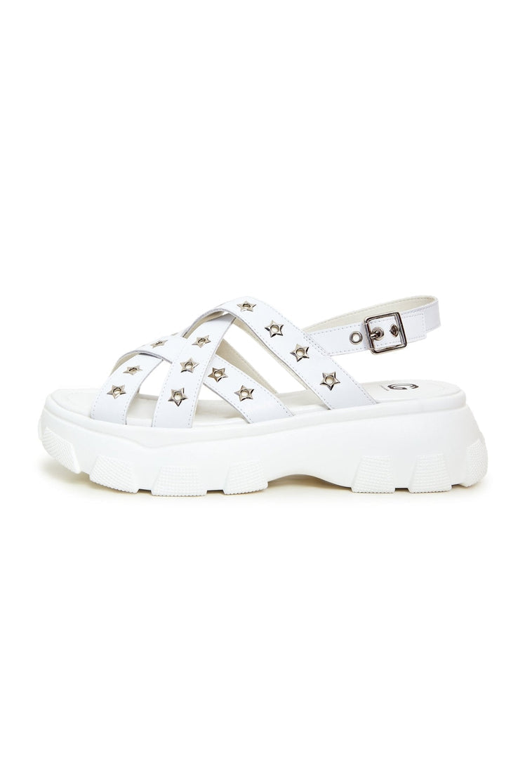 A pair of stylish chunky white platform sandals with a comfortable chunky heel for women.