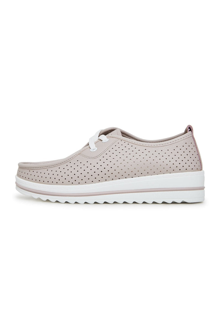 A pair of stylish beige leather platform loafers, perfect for women looking for comfortable and classic footwear.