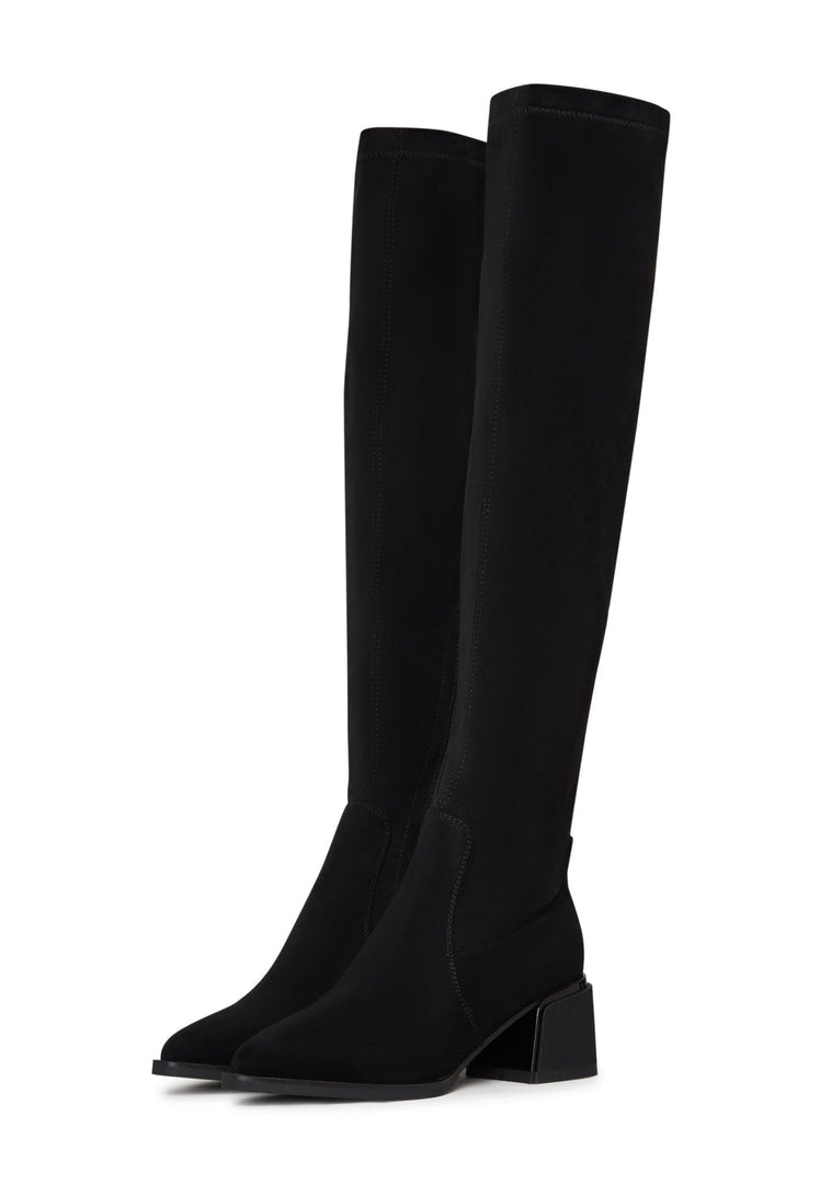 A stylish pair of black suede over-the-knee boots, the perfect chic and fashionable addition to any outfit.