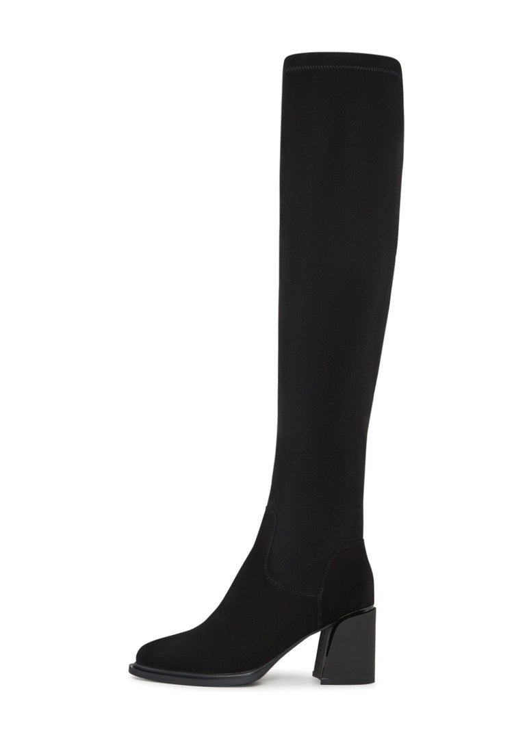 A pair of fashionable black suede over-the-knee boots, perfect for chic and stylish looks.