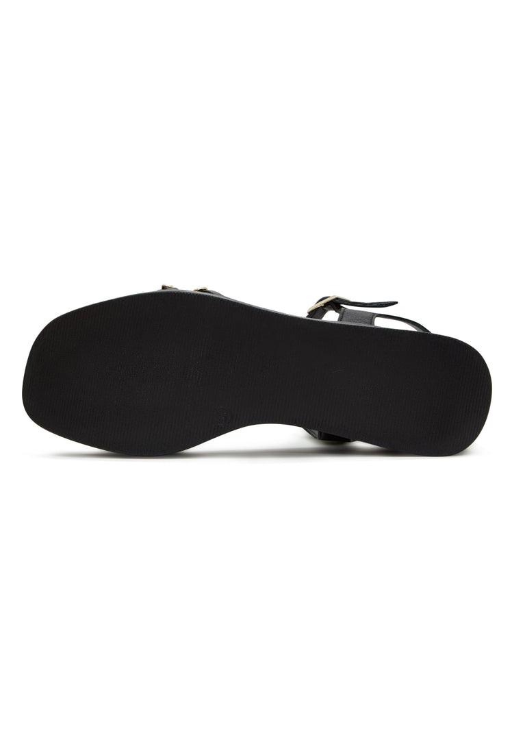 A stylish pair of black platform sandals for women with trendy gold chain accents, perfect for a fashionable addition to any outfit.