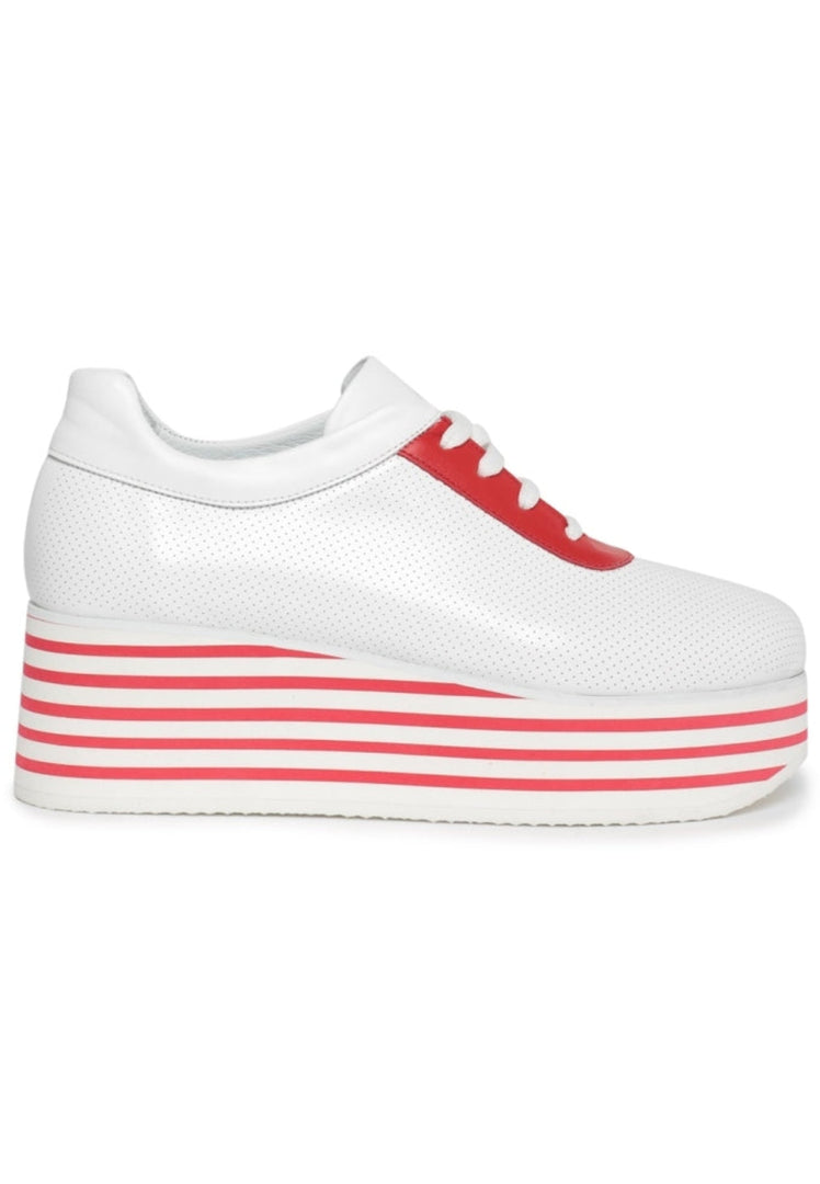 A stylish pair of red and white striped high platform sneakers, perfect for adding a trendy touch to your outfit.