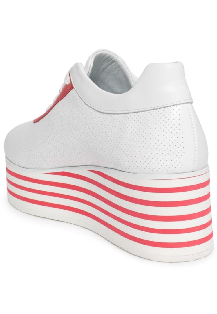 A stylish pair of red and white striped high top platform sneakers.