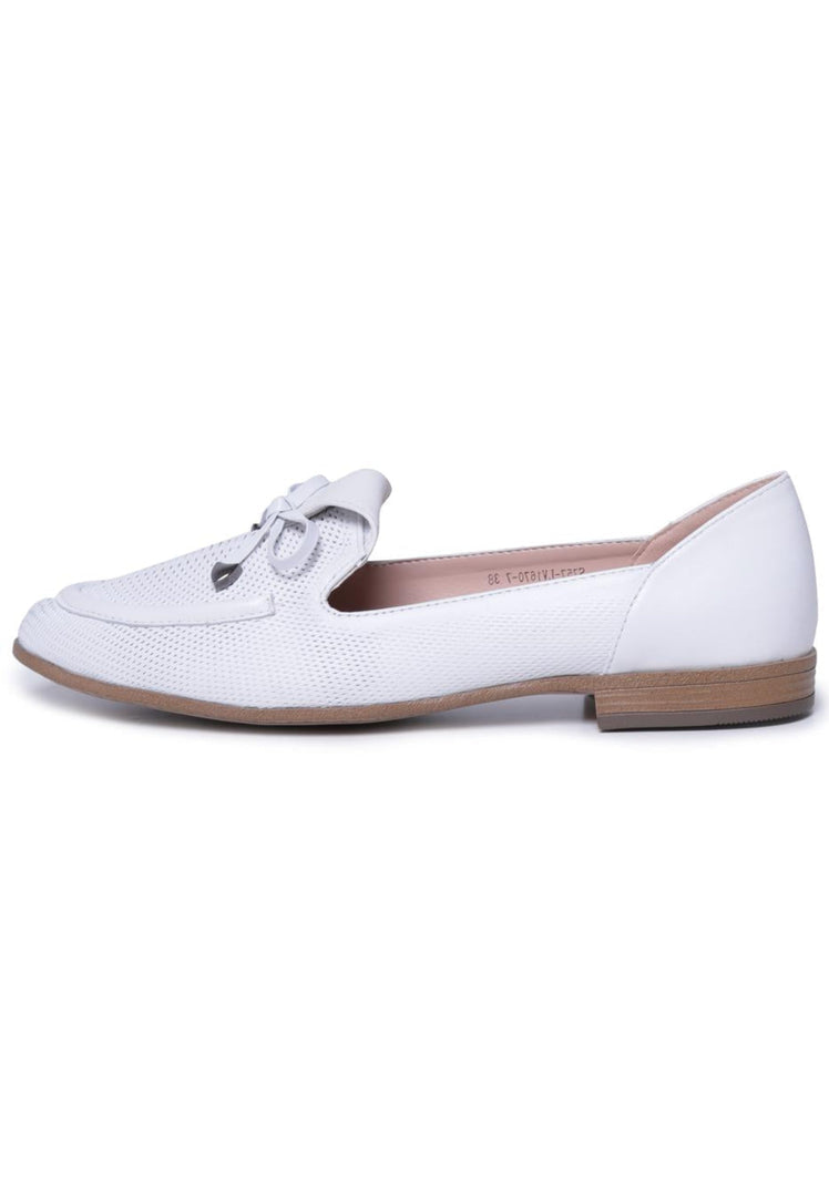 A pair of white perforated bow-tie loafers, perfect for men's formal attire.