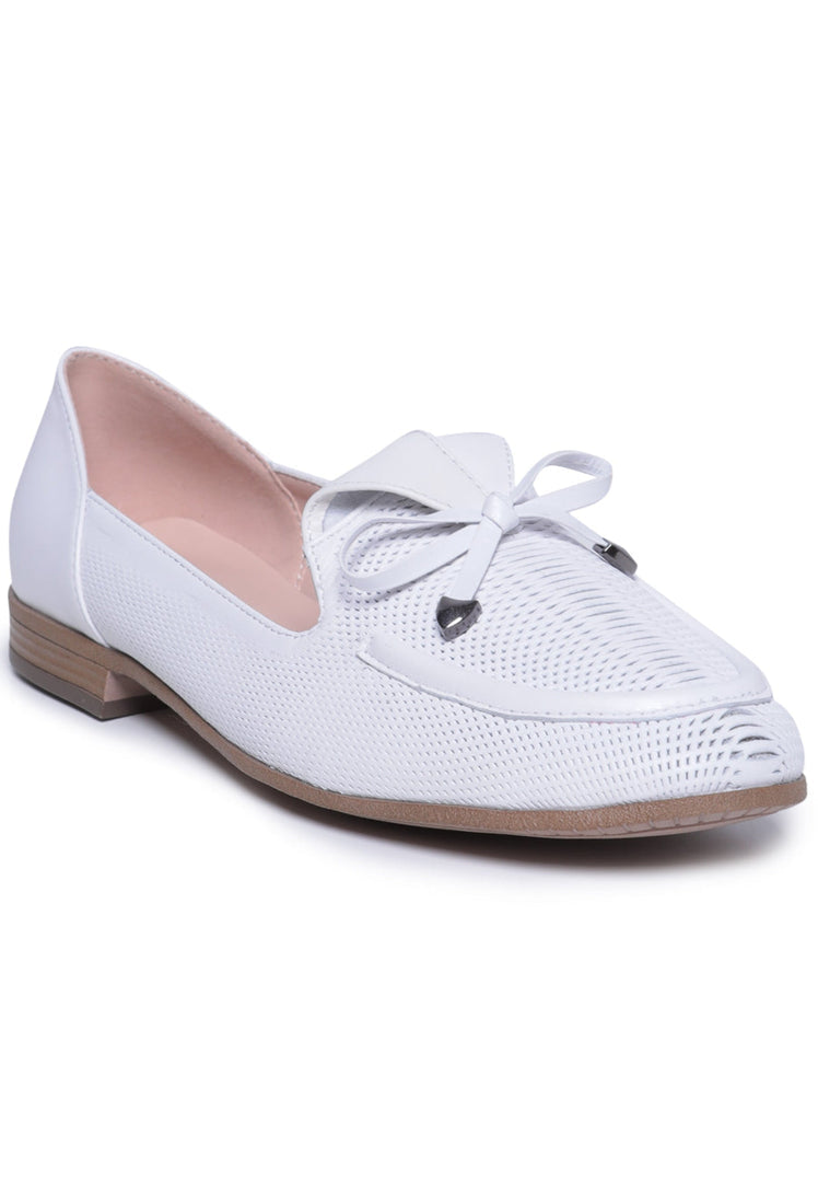 A stylish pair of men's white loafers with perforated bow-tie design, perfect for formal occasions.