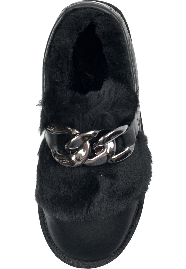 A close-up image of black fur-lined loafers with chain detail, perfect for women's winter style - a chic and stylish choice for casual footwear.