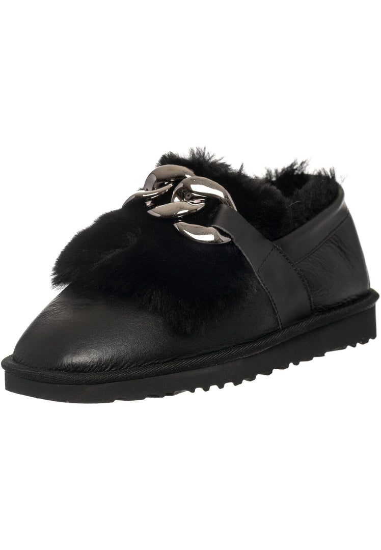 A pair of stylish black fur-lined loafers with chain detail, perfect for women's winter shoes and casual footwear.