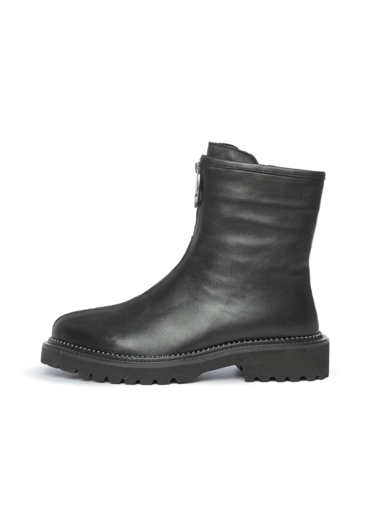 A stylish pair of women's black front-zip ankle boots with a sleek design and practical zipper detail.