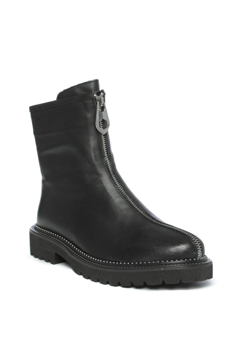 A stylish pair of black front-zip ankle boots for women, featuring a sleek design and convenient zipper closure.