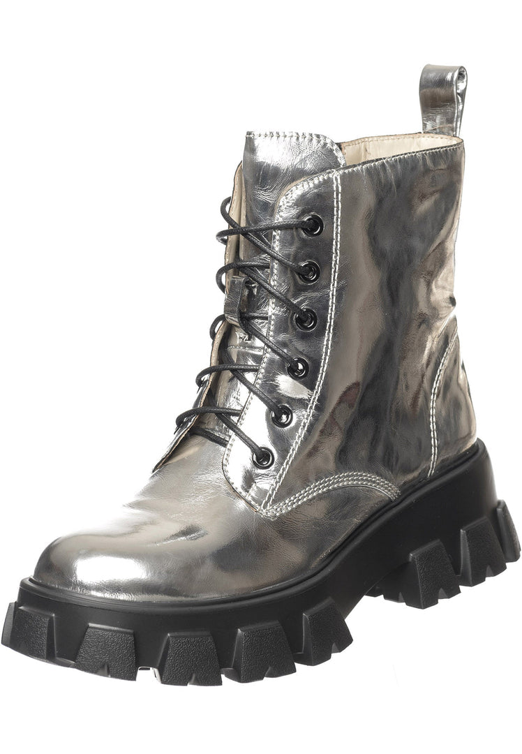 A pair of stylish chunky combat boots in silver with a glossy finish, perfect for women's fashion.