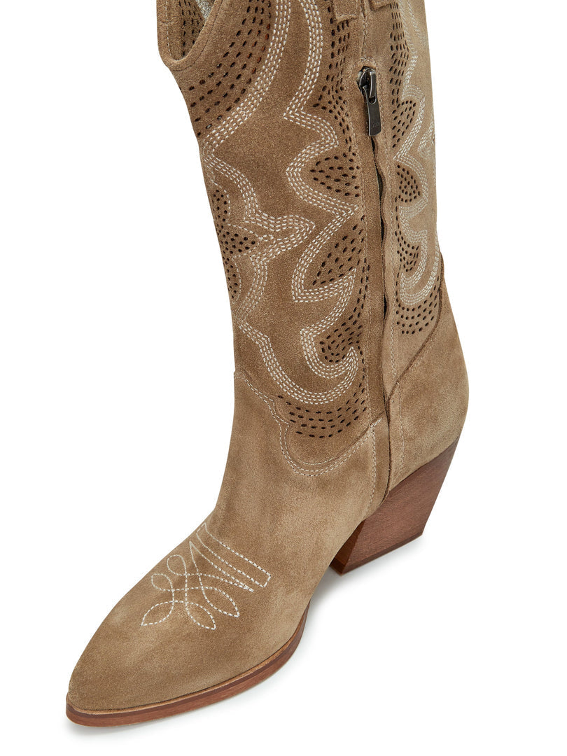 A close-up image of light brown embroidered leather cowboy boots, a stylish and unique design of handcrafted western style footwear.