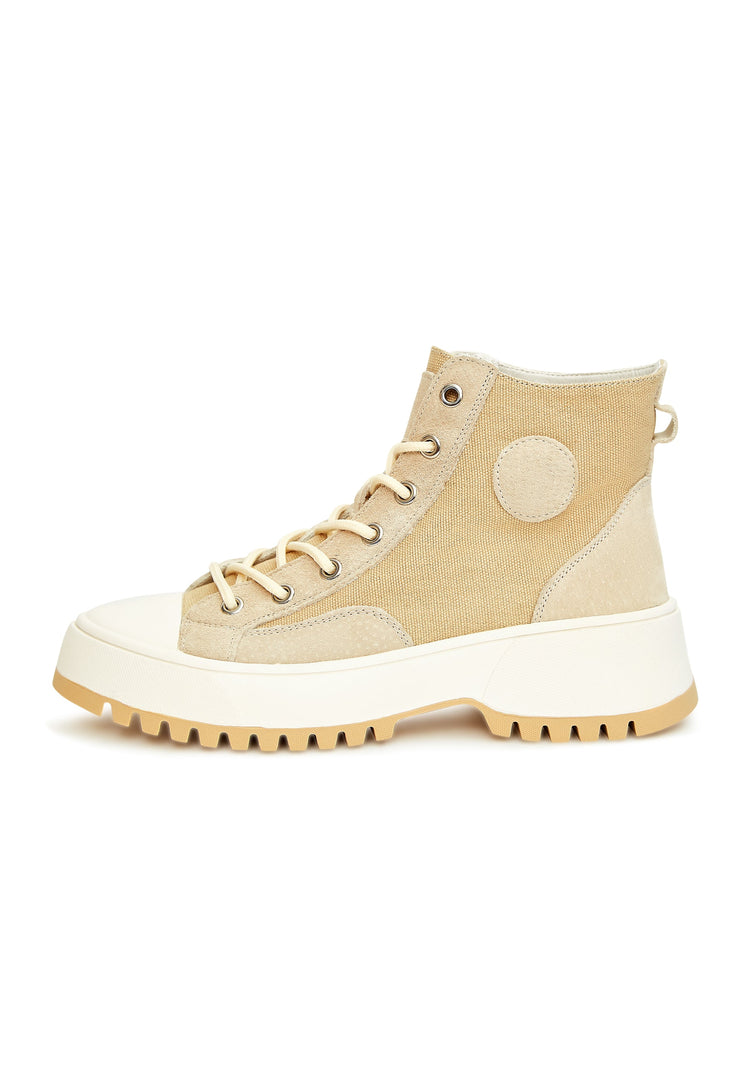 A stylish pair of lace-up high top sneakers with a textured design for a trendy look.